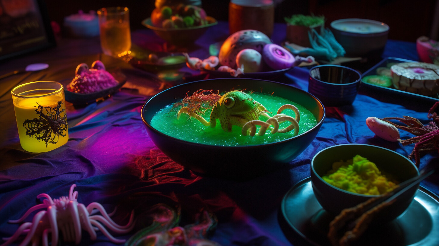 A display of bizarre alien dishes, from glowing beverages to tentacled treats