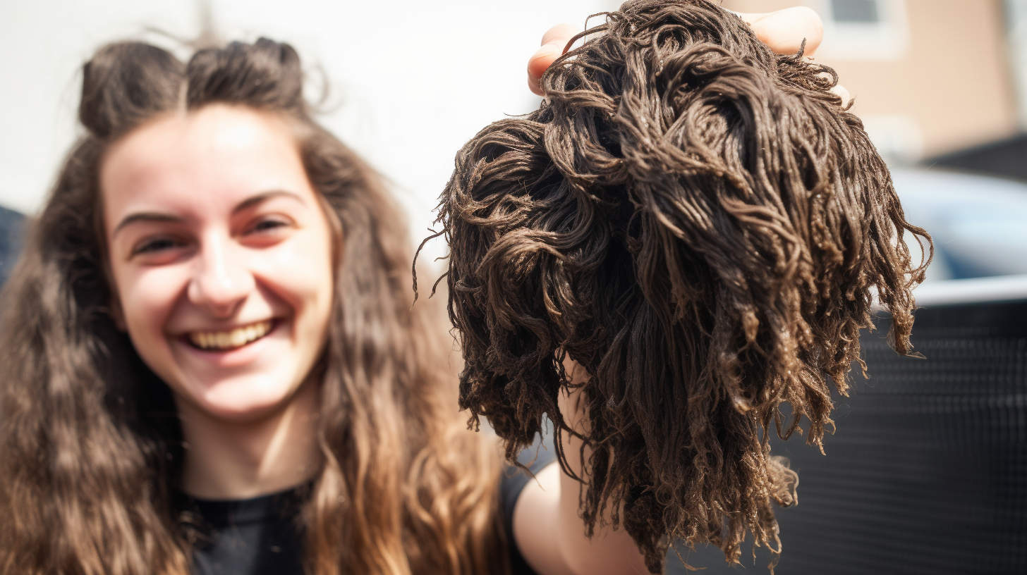 huge wad of hair pulled from the drain and person holding it up and smiling while giving a thumbs up